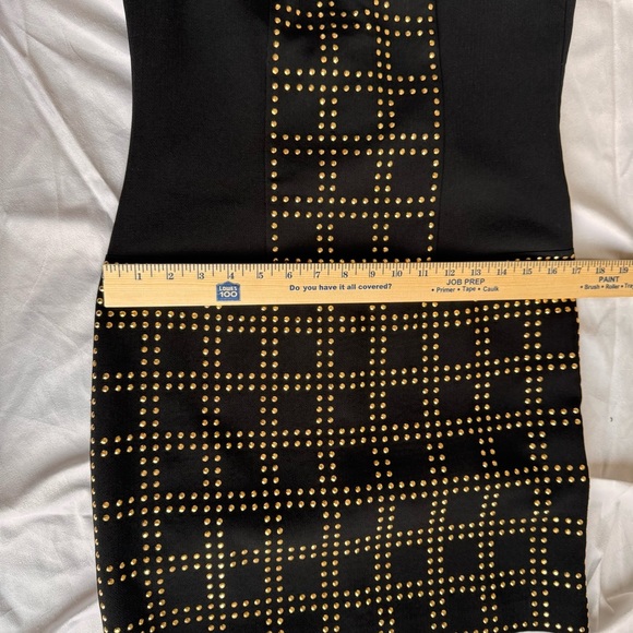 Trina Turk Blake Studded Grid-Pattern Sheath Dress Black Gold Mini Sz 4 wedding‎ - Picture 10 of 13